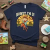 Howdy I'm 3! text with a cartoon cowboy kid riding a toy horse, set against a western sunset backdrop on