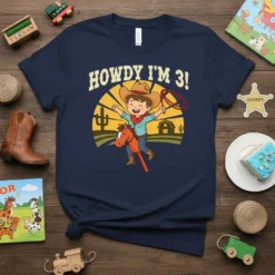 Howdy I'm 3! text with a cartoon cowboy kid riding a toy horse, set against a western sunset backdrop on