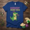 Howdy Mardi Gras text with a cute alligator wearing a hat and holding a mask on a blue t-shirt