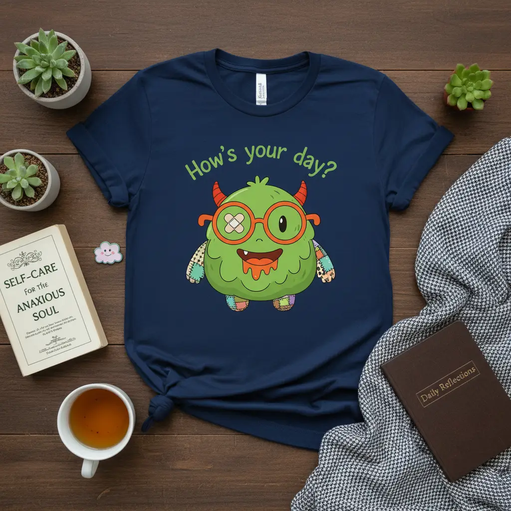 How's your day? text with a cute, patched green monster design on a navy t-shirt