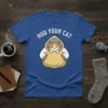 Hug Your Cat T-Shirt design with a cute cartoon cat wearing a yellow hoodie