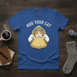 Hug Your Cat T-Shirt design with a cute cartoon cat wearing a yellow hoodie