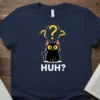 Black cat with yellow eyes and question marks above its head, text reads "HUH?"