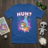 Blue t-shirt with "HUH?" text, featuring an orange and white tabby cat in an astronaut helmet being beamed up by