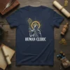 Human Cleric T-Shirt design featuring a hooded figure holding a mace with golden rays and text