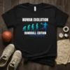 Human Evolution Handball Edition T-Shirt design showing a progression of figures evolving into a handball player