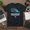 Human Imagination Machine Execution AI T-Shirt design featuring a stylized brain connected to a robotic hand, with AI chip graphic