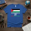 Royal blue t-shirt with the Palestinian flag and the text "HUMAN RIGHTS ARE NOT POLITICAL" in white, red, and green