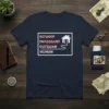 Navy t-shirt with "Refugee Immigrant Outsider Human" text, emphasizing 'Human' and crossing out other terms, with a house graphic