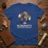 Humanity Our Global Handprint t-shirt design with diverse hands forming a circle around the Earth, symbolizing unity and connection