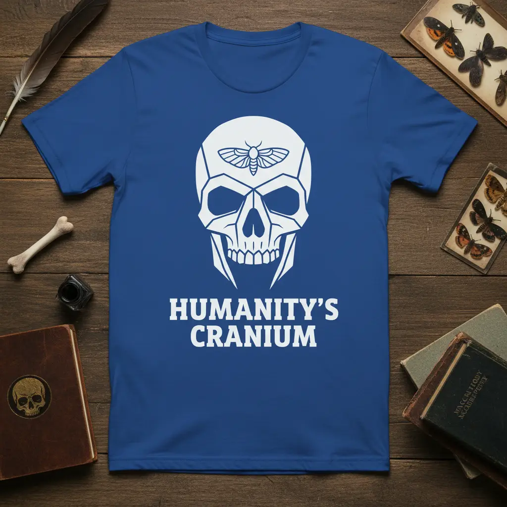 Humanity's Cranium text with geometric skull and moth graphic on a blue t-shirt for dark academia style