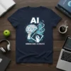 AI brain graphic with text "HUMANS CODE, AI CREATES" on a navy t-shirt, featuring a cityscape and coding tablet