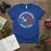 Hummingbird Admirer Nature's Jewel circular logo t-shirt design with white text and a hummingbird with red flowers
