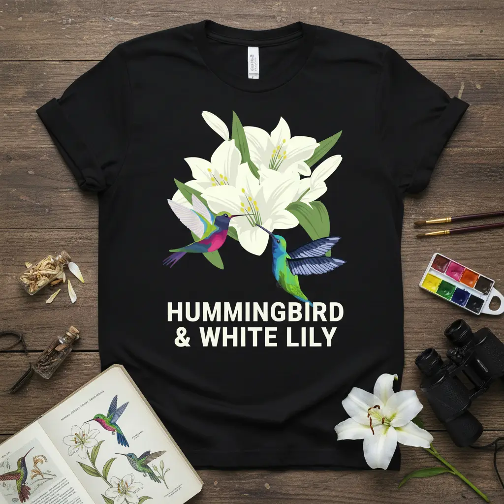 Hummingbird & White Lily text design with colorful hummingbirds and white lilies on a black shirt