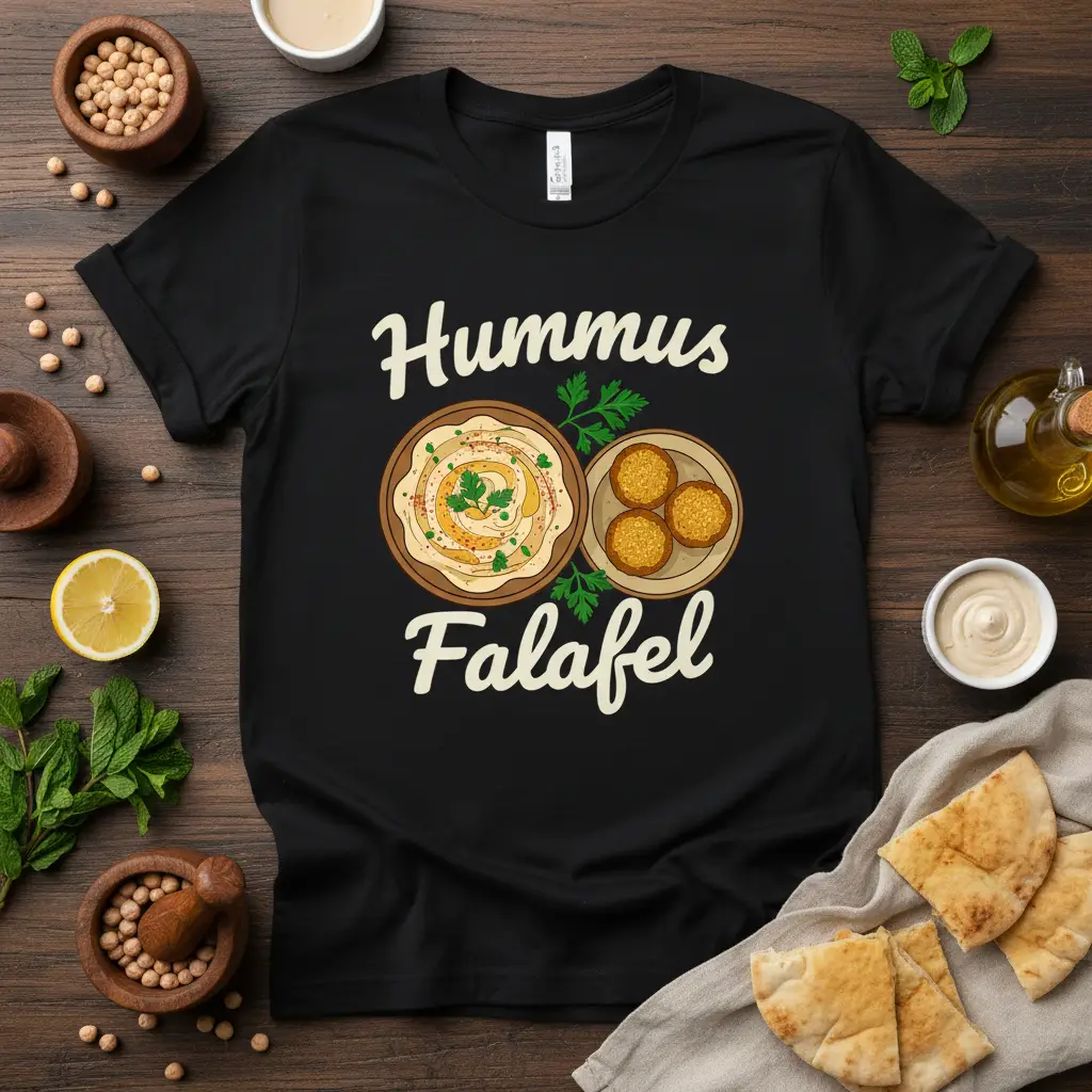 Hummus Falafel text and illustration graphic on a black t-shirt for food lovers