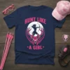 Hunt Like A Girl text with a female archer silhouette and deer antlers on a navy blue t-shirt