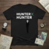 Hunter x Hunter anime t-shirt design with white text and a black suit character graphic