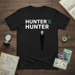 Hunter x Hunter anime t-shirt design with white text and a black suit character graphic
