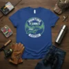 Hunting Fishing And Lovin' Everyday text on a blue t-shirt with a graphic of a fish and deer antlers in