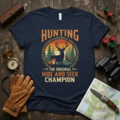 Hunting The Original Hide And Seek Champion t-shirt with deer, fox, and pheasant graphic