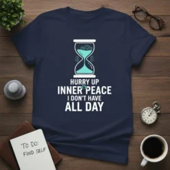 Hurry Up Inner Peace I Don't Have All Day quote on a navy t-shirt with an hourglass graphic
