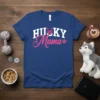 Husky Mama t-shirt design with white text "HUSKY" and pink script "Mama" featuring a husky face graphic and paw print