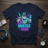 Hustle Gang text with a bulldog wearing a cap and sunglasses, holding a money bag and a lightning bolt