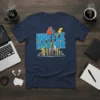 Hustle Harder motivational quote t-shirt with an illustrated bicep, lightning bolt, and cityscape