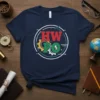 HW PO text with gears and arrows graphic on a navy blue t-shirt