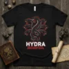 Black t-shirt featuring a fierce Hydra with multiple heads, text reads HYDRA ANCIENT EVIL, fantasy creature design