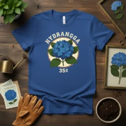 Vintage Hydrangga 35¢ t-shirt design with a blue hydrangea flower graphic and retro typography