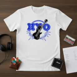 White t-shirt featuring the word "HYO" in blue retro font with a black electric guitar and blue starbursts