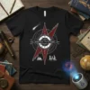 Hypersurface of the Present t-shirt design with a cosmic compass, light cones, clock, and celestial imagery