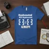 Blue t-shirt with white text "Hyphenated Non-Hyphenated The Irony" and graphic symbol
