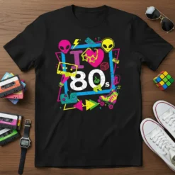 I ❤️ 80s graphic t-shirt with pixelated aliens, cassette tapes, roller skates, and video game controllers