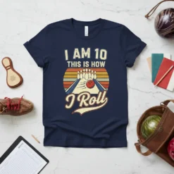 Retro "I Am 10 This Is How I Roll" bowling t-shirt with a vintage sunset graphic and bowling pins