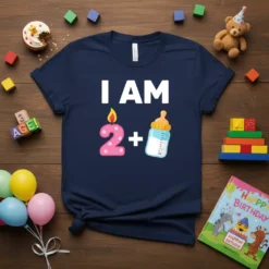 Navy blue toddler t-shirt with "I AM 2+????" text and graphics for a second birthday