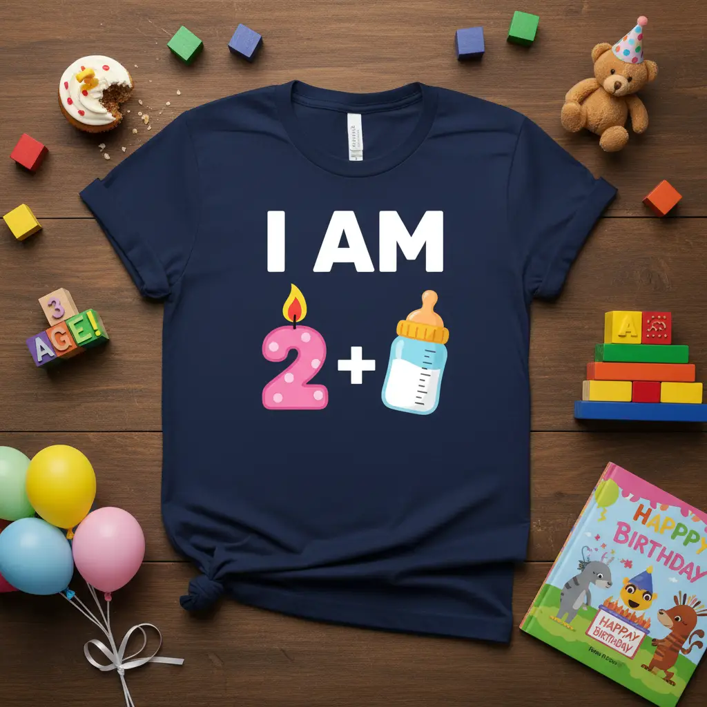I AM 2+???? graphic tee celebrating a toddler's second birthday milestone
