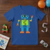 Blue t-shirt with a cartoon robot graphic that says "I AM 5" on its chest, designed for a 5th birthday