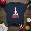 I AM 59+1 text with bowling pin graphic on a navy t-shirt, perfect for a 60th birthday celebration