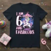 I Am 6 And Fabulous text with a unicorn riding a carousel on a navy t-shirt, perfect for a 6th