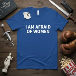 Blue t-shirt with white text "I AM AFRAID OF WOMEN" and a small running man graphic on a sticky note