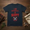 Navy t-shirt with red text "I AM AFTER ALL A SCOTT" and crossed swords emblem, a proud Scottish heritage design