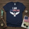 Navy blue t-shirt with "I AM AMERICAN" text and an American flag-style eagle graphic, primary keyword included
