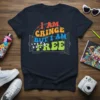 I Am Cringe But I Am Free quote t-shirt with colorful retro lettering and bird graphic