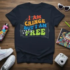 I Am Cringe But I Am Free quote t-shirt with colorful retro lettering and bird graphic
