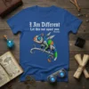 Steampunk chameleon t-shirt with white text "I Am Different Let this not upset you -Paracelsus"