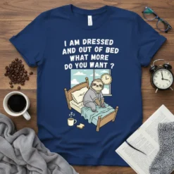 Sloth sitting on a bed saying "I Am Dressed And Out Of Bed What More Do You Want ?" on