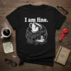 Black t-shirt with white text "I am fine." and a cartoon graphic of a cracked coffee cup pouring into a