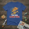 I AM FROM PLANET PIZZA text with a pepperoni pizza slice and a planet graphic on a blue t-shirt